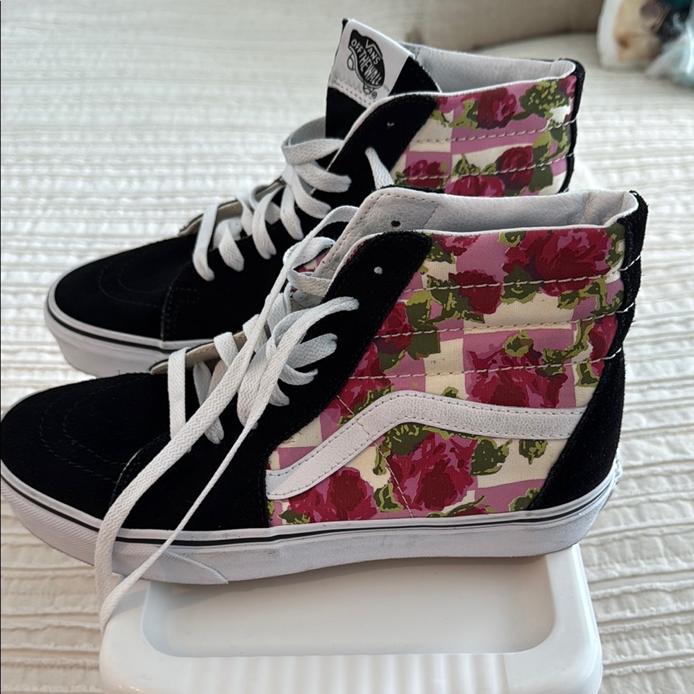 Vans Black and Pink Floral High-Top Sneakers